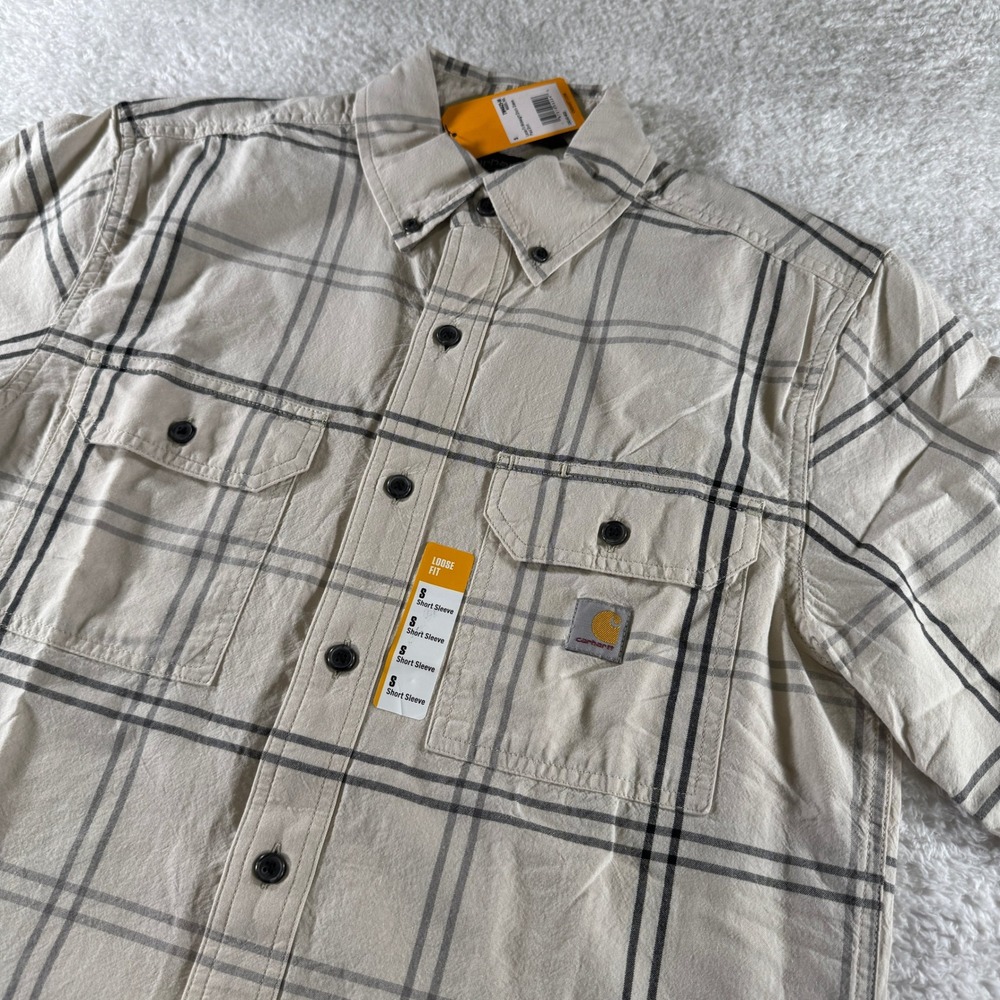 Carhartt Loose Fit Casual Button Up Shirt Tan Plaid Pockets Small Men NEW NWT